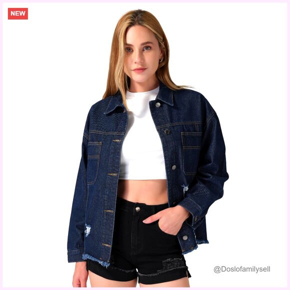 Oversized Denim Jacket Shacket Distressed Raw Hem Long Sleeve Women's
